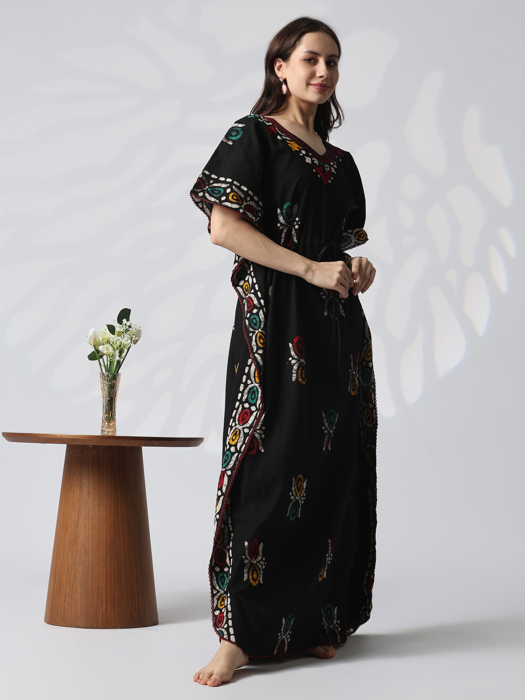 Curved V Neck Cotton Kaftan with Hand Block Batik Print in Black Paisley