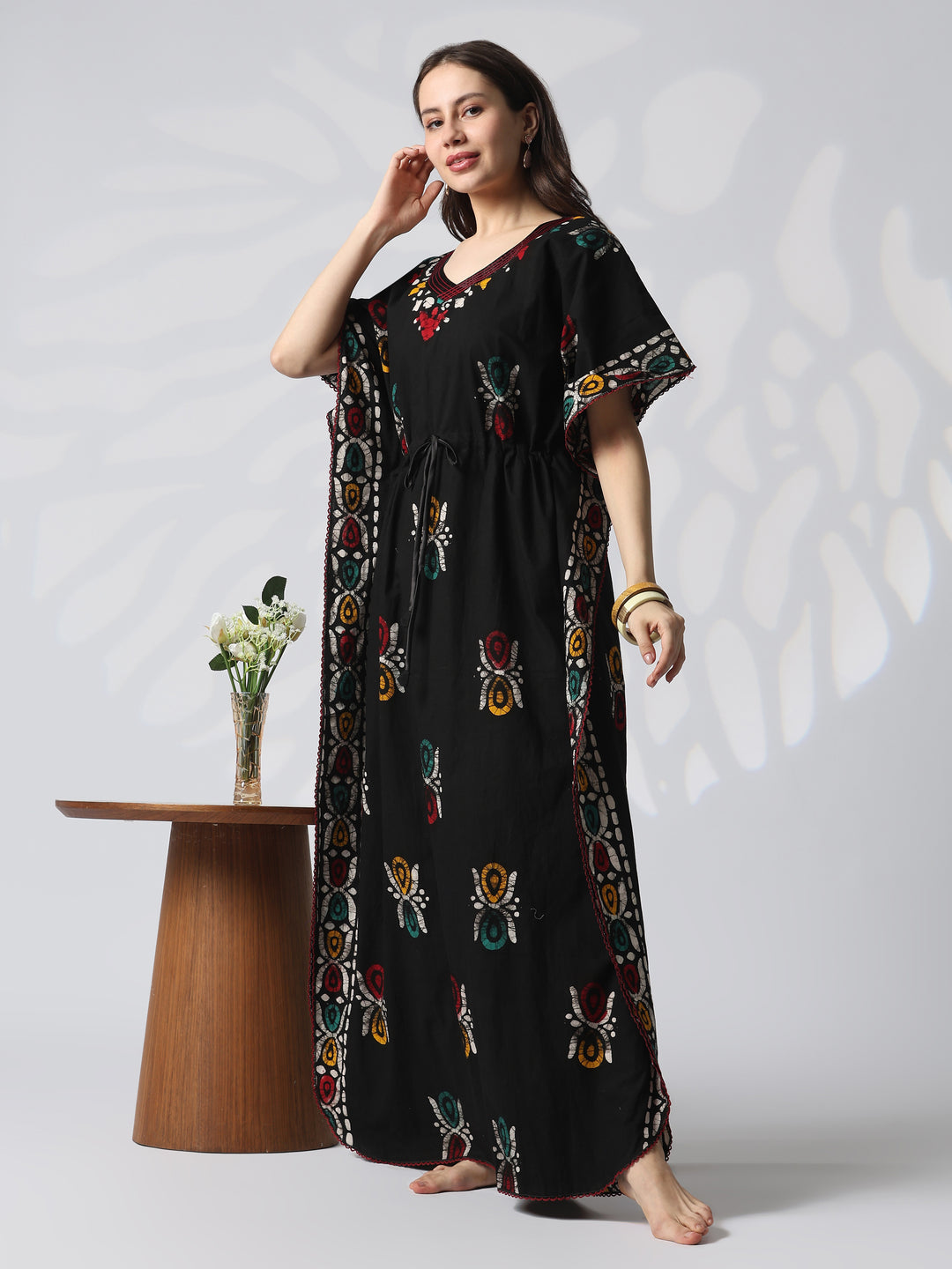 Curved V Neck Cotton Kaftan with Hand Block Batik Print in Black Paisley