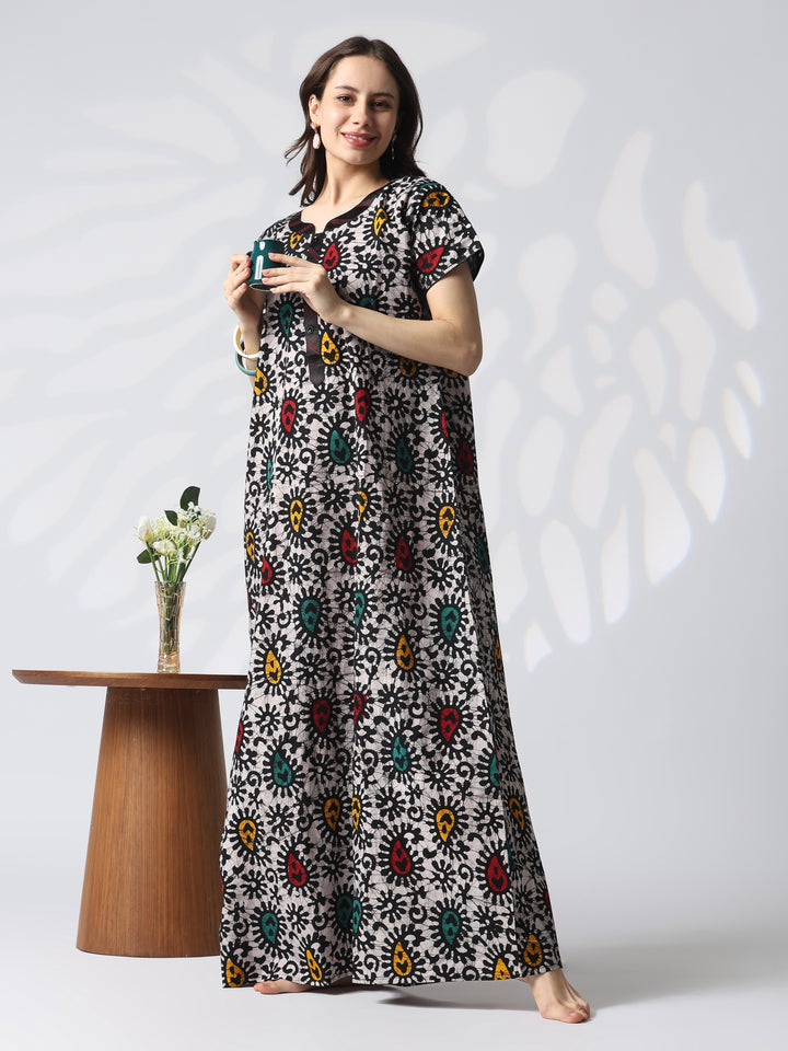 Pure Cotton Batik Leaf Print Nighty for Women