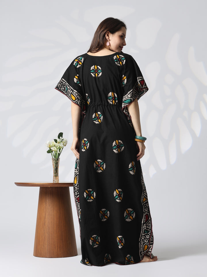 Black Batik Pure Cotton Kaftan with Batwing Sleeves and Drawstring