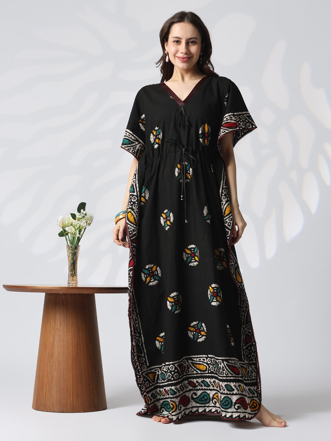 Black Batik Pure Cotton Kaftan with Batwing Sleeves and Drawstring
