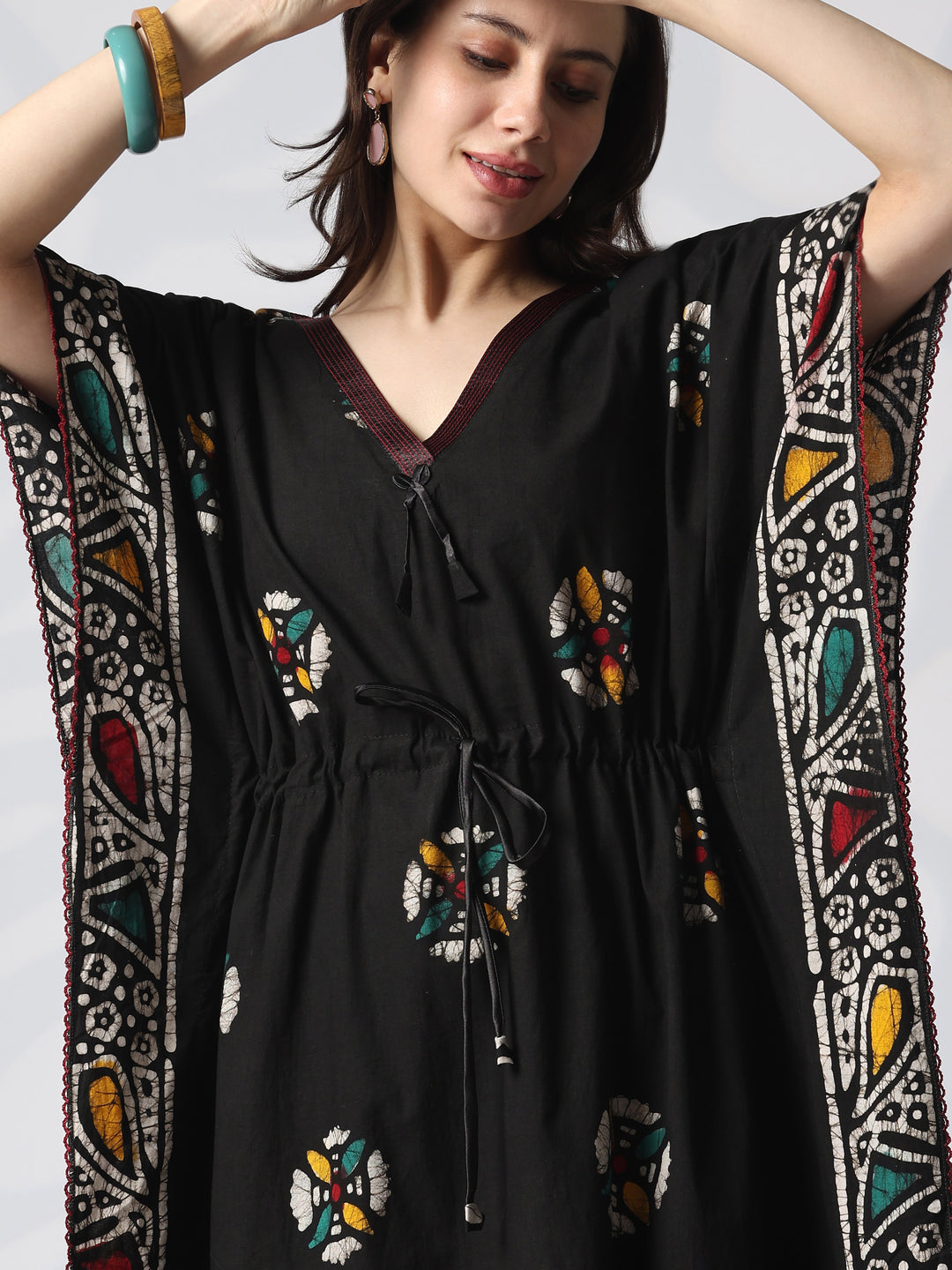 Black Batik Pure Cotton Kaftan with Batwing Sleeves and Drawstring