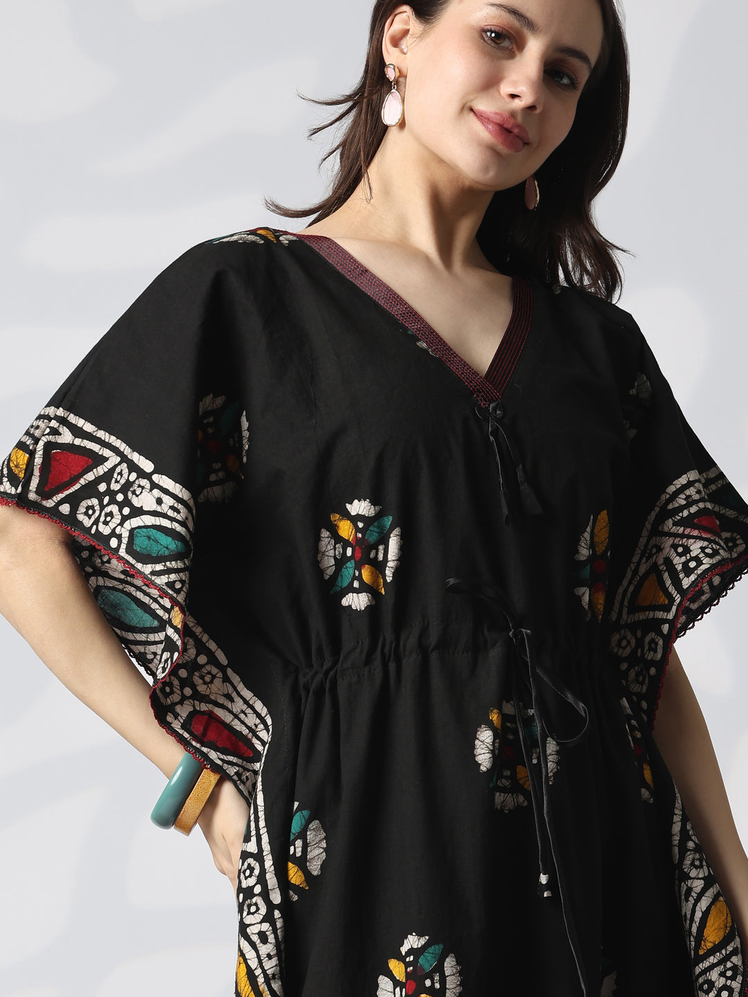 Black Batik Pure Cotton Kaftan with Batwing Sleeves and Drawstring
