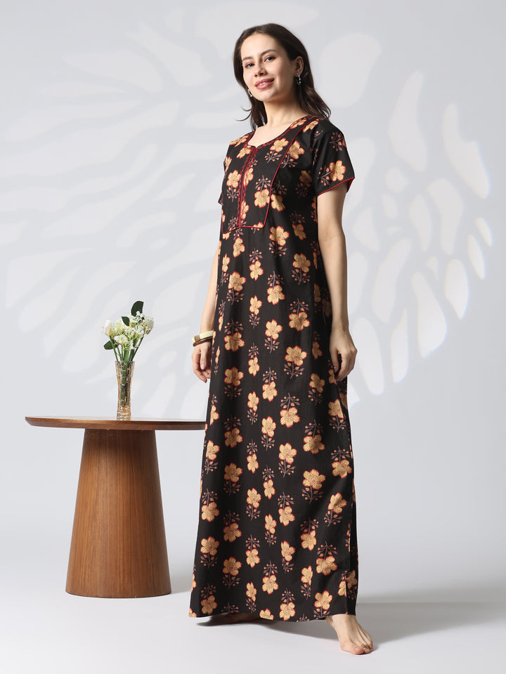 Kantha Embroidered Pure Cotton Floral Nighty in Mahek Black