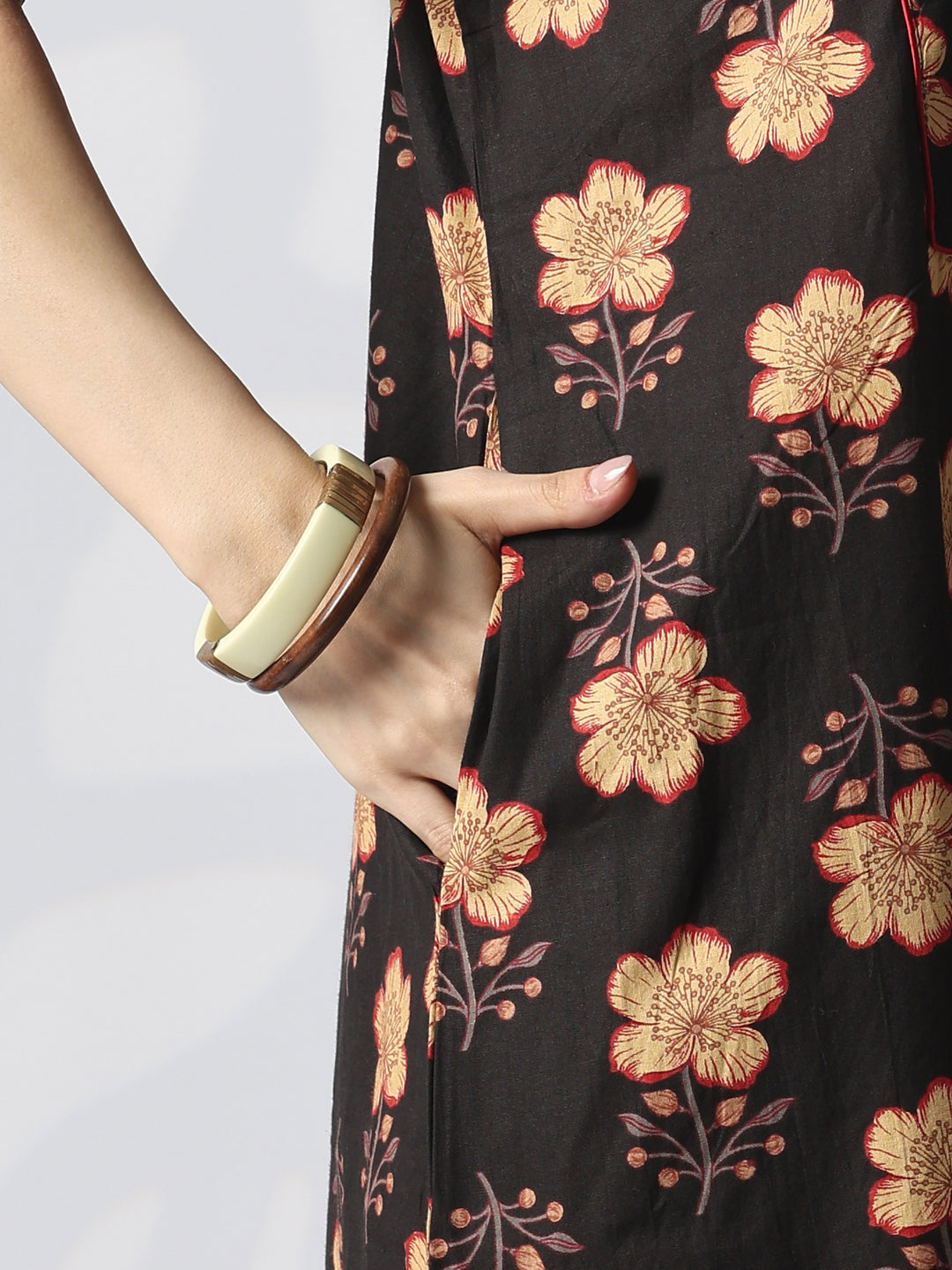 Kantha Embroidered Pure Cotton Floral Nighty in Mahek Black