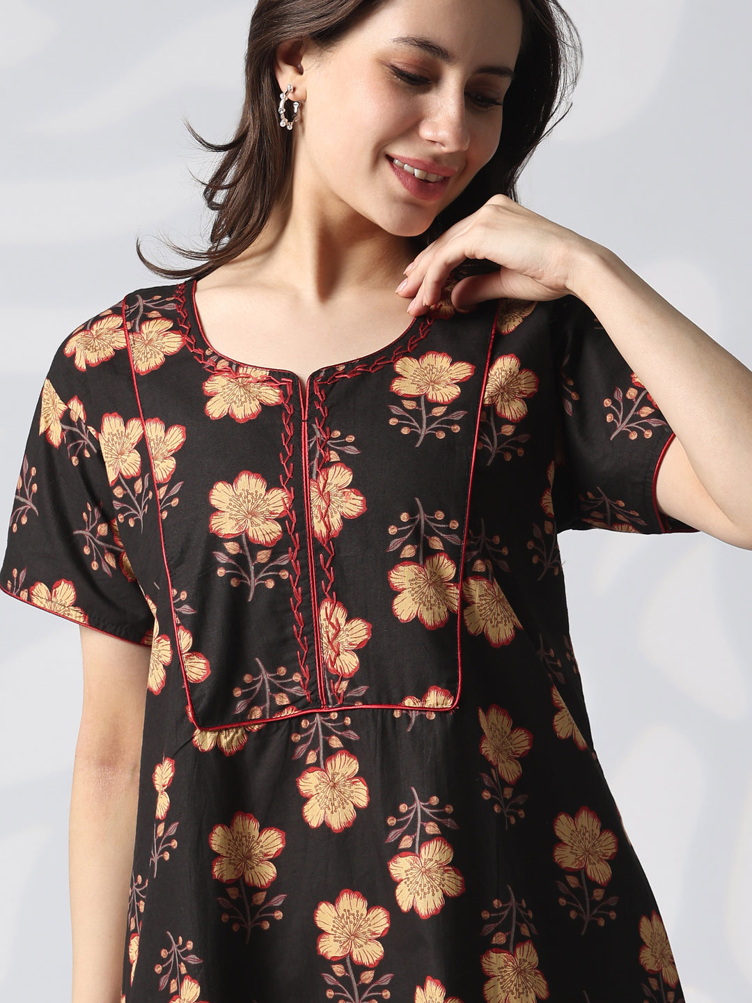 Kantha Embroidered Pure Cotton Floral Nighty in Mahek Black