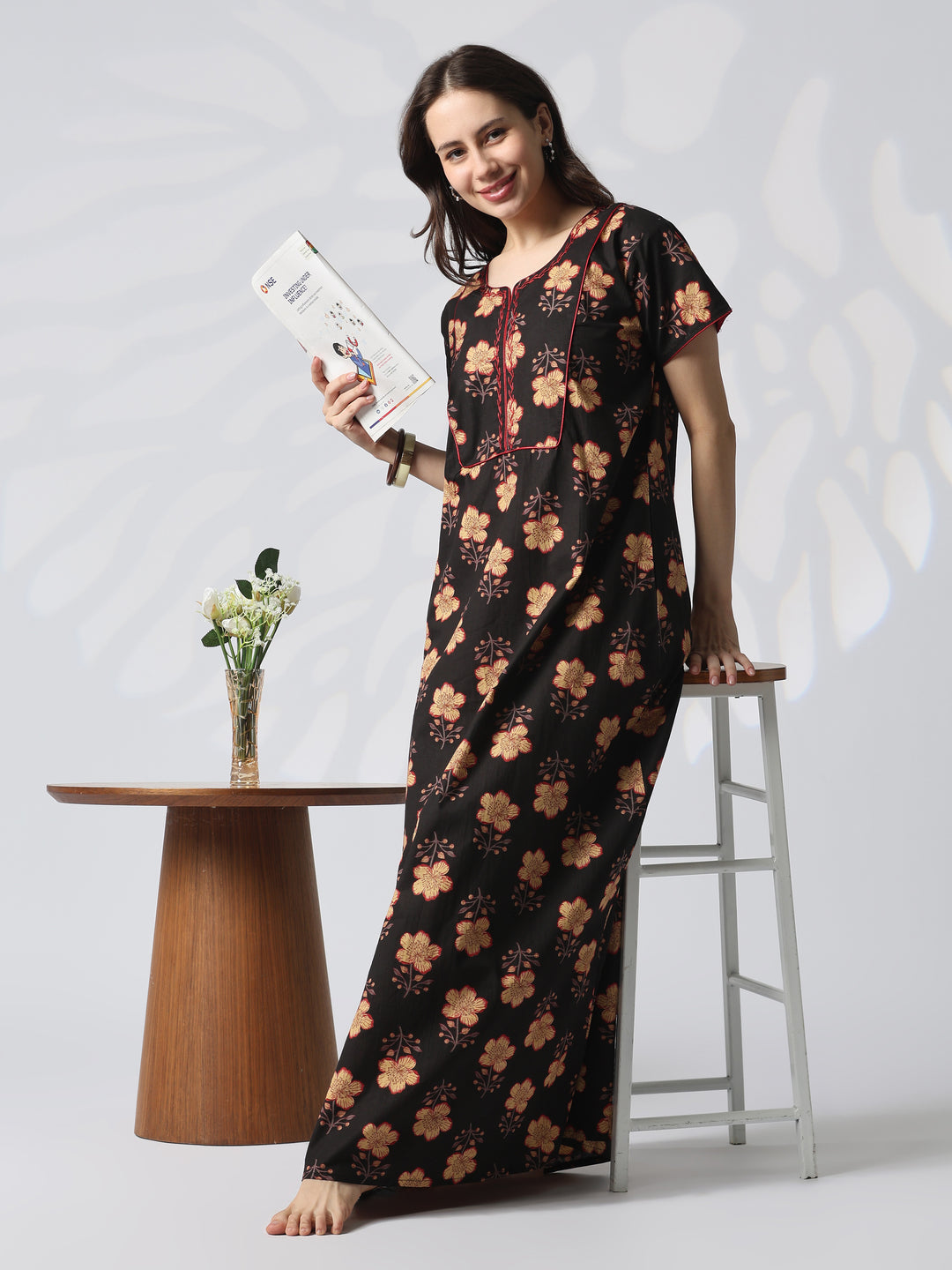 Kantha Embroidered Pure Cotton Floral Nighty in Mahek Black
