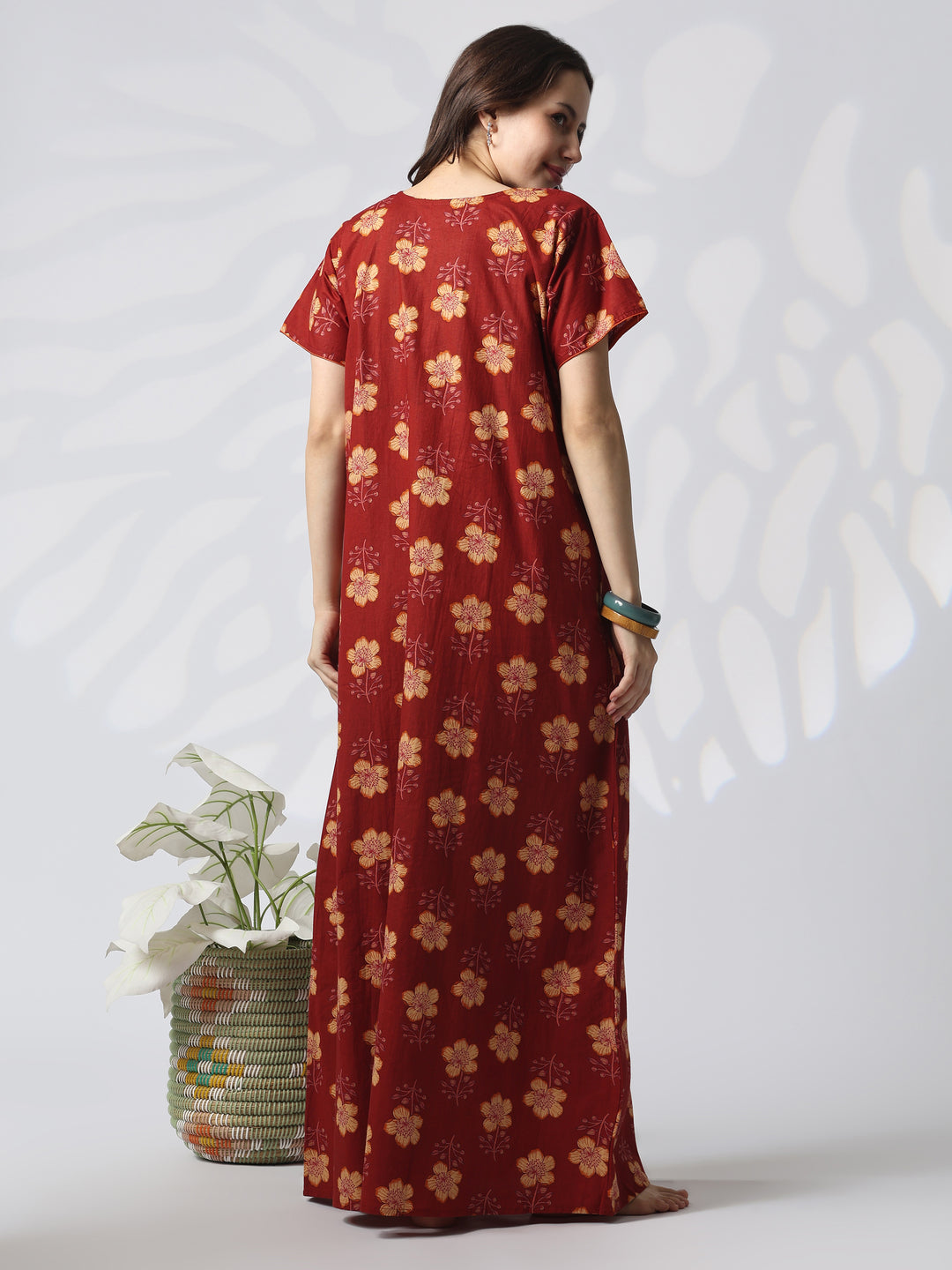 Floral Pure Cotton Designer Nighty with Embroidered Neck in Mahek Orange