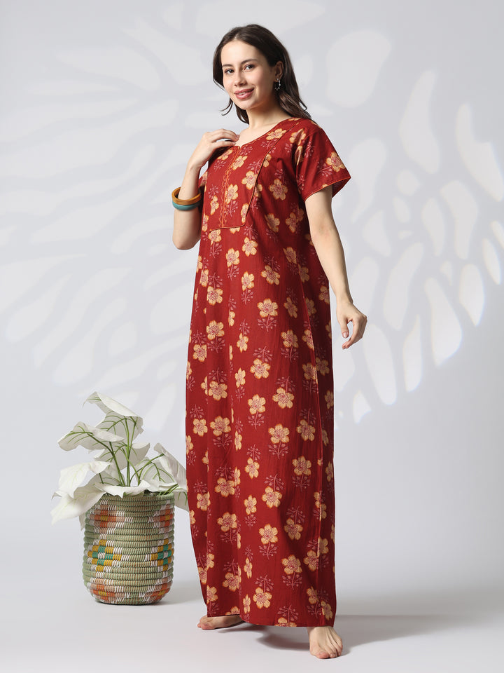 Floral Pure Cotton Designer Nighty with Embroidered Neck in Mahek Orange