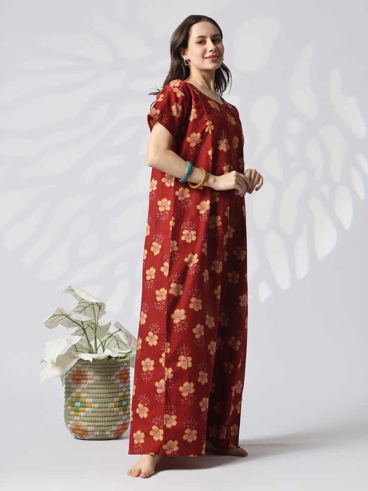 Floral Pure Cotton Designer Nighty with Embroidered Neck in Mahek Orange
