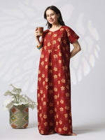 Floral Pure Cotton Designer Nighty with Embroidered Neck in Mahek Orange