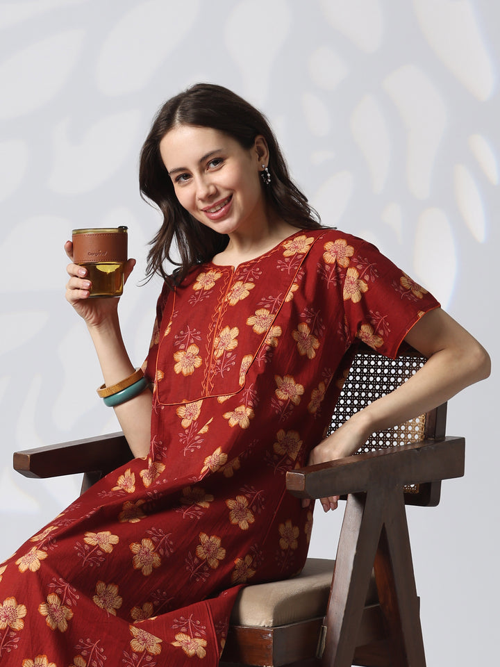 Floral Pure Cotton Designer Nighty with Embroidered Neck in Mahek Orange