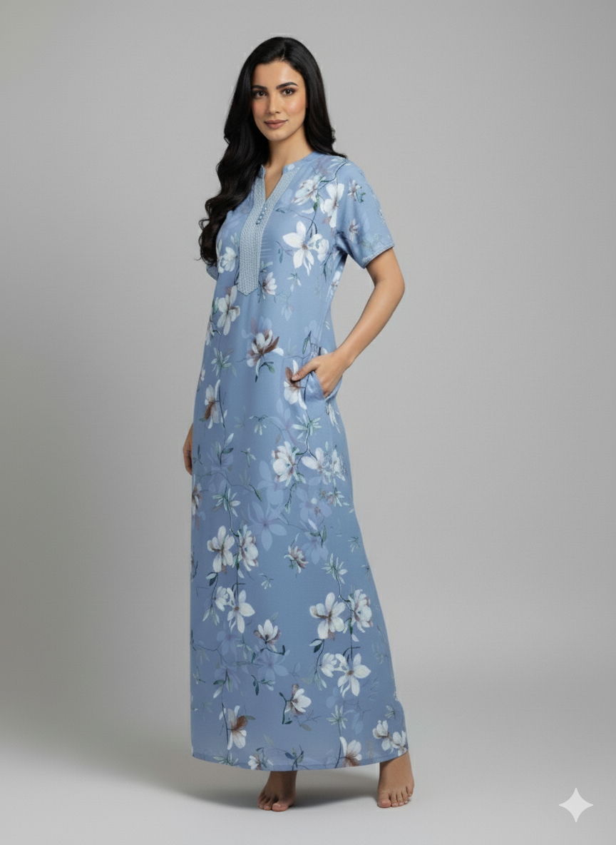 Sky Blue Rayon Designer Nighty for Women with Floral Print