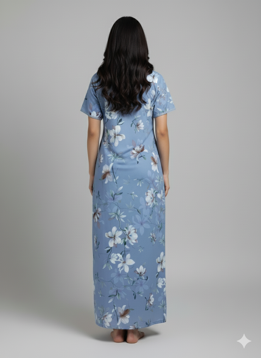 Sky Blue Rayon Designer Nighty for Women with Floral Print