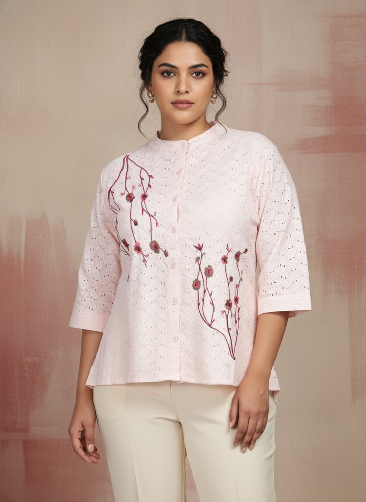 Peach Pure Cotton Plus Size Casual Top with Floral Embroidery