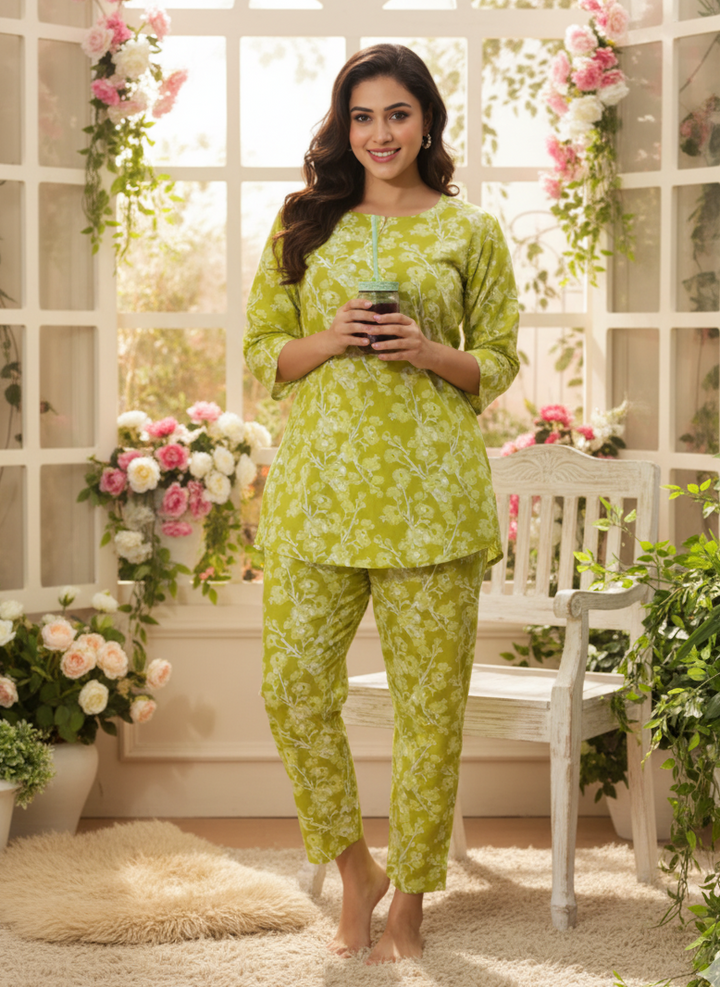 Apple Green Floral Cotton Pyjama Set for Women With Stylish & Comfortable