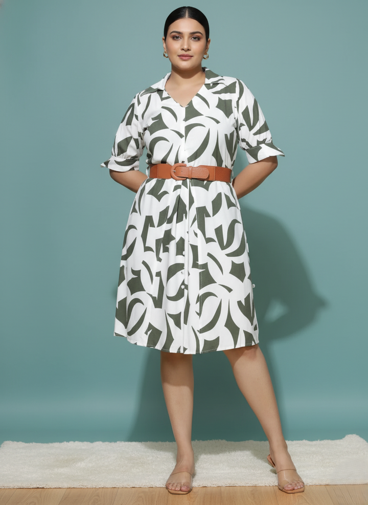 Plus Size Dress – Cotton Linen Collared Neck Bottle Green