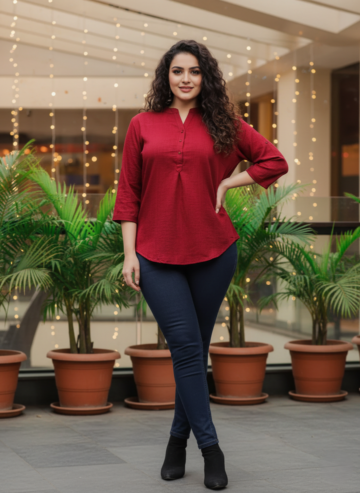 Dark Red Premium Cotton Blend Plus Size Top with Fancy Neck
