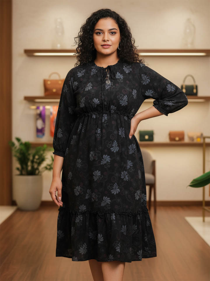 Plus Size Dresses India – Premium Fancy Neck Floral Printed 3/4th Dress Black