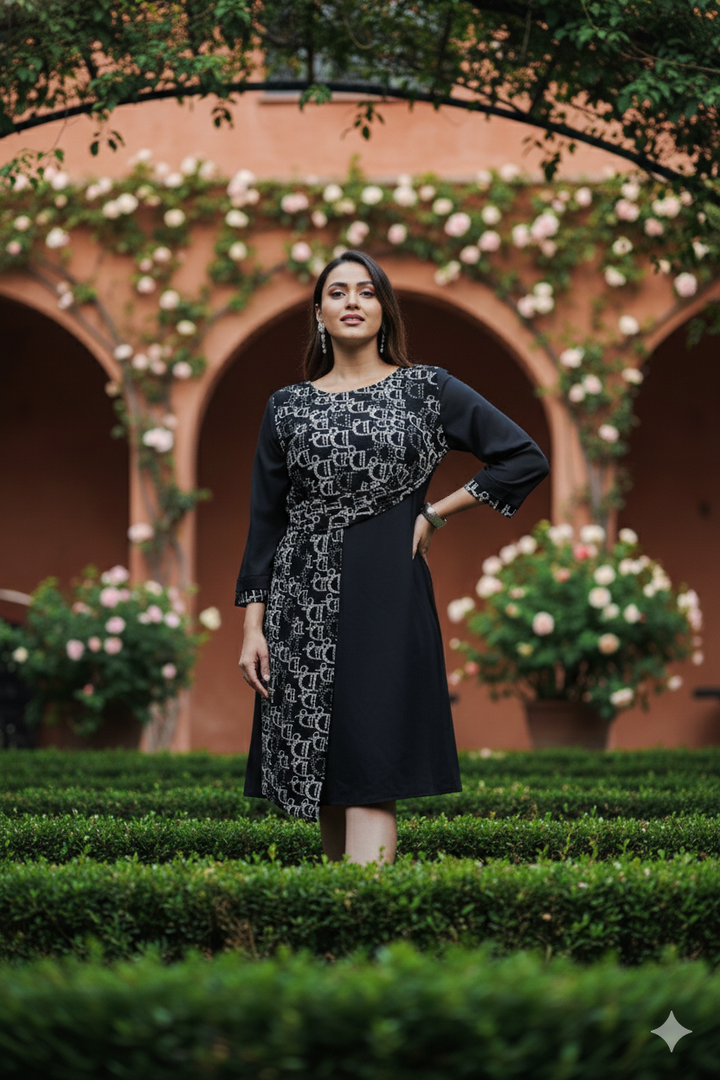 Nylon Round Neck Black Plus Size Dress