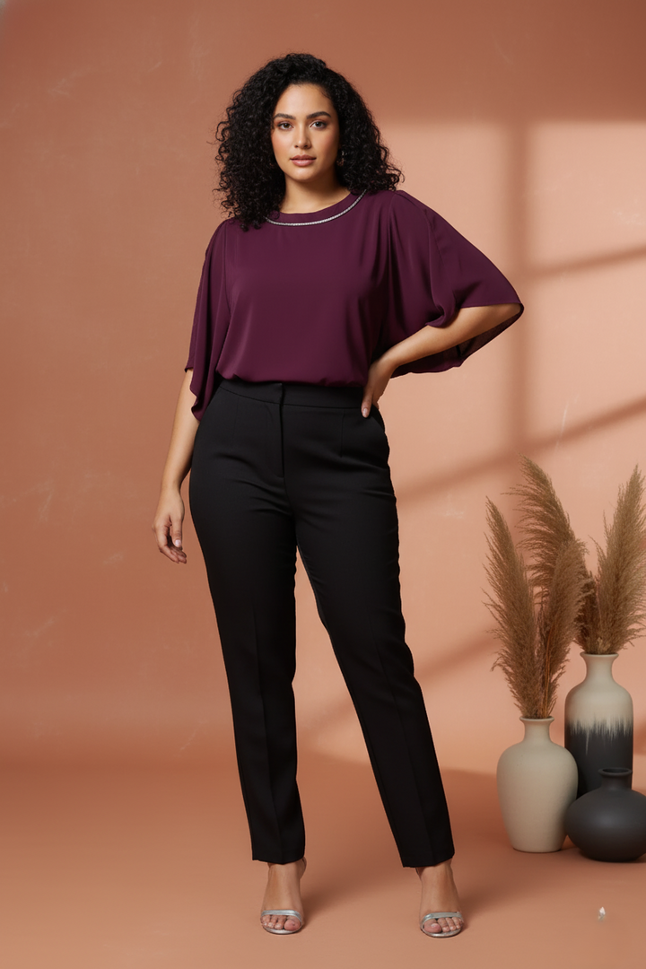 Mustard Wine Viscose Blend Plus Size Top with Round Neck and Zip