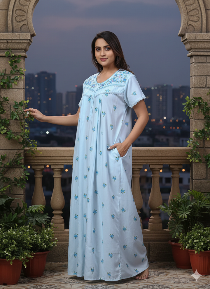 Sitarah Edit – Pure Cotton Phulkari Nightdress in Soothing Light Blue