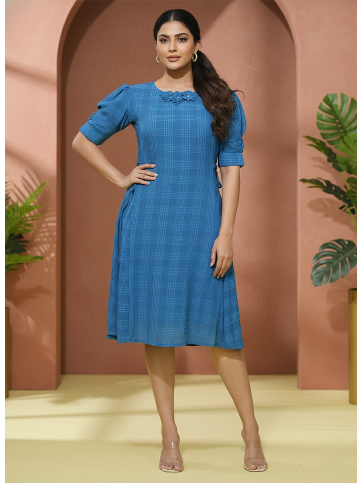 Polyester Floral Round Neck Plus Size Party Wear Dress – Sky Blue