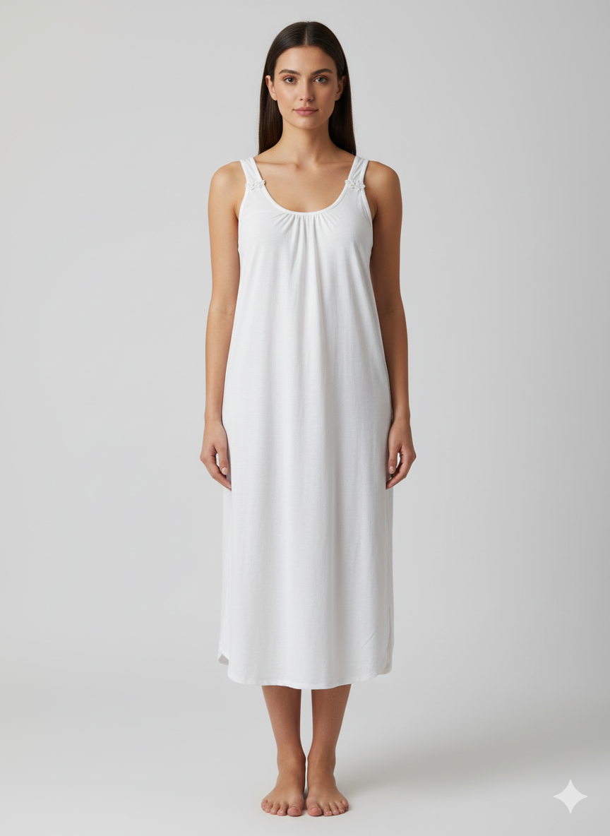 White Sleeveless A Line Cotton Hosiery Slip Nightdress for Women