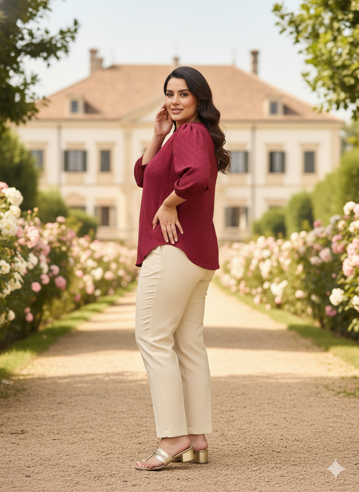 Maroon Polyester Blend Plus Size Top with Round Neck