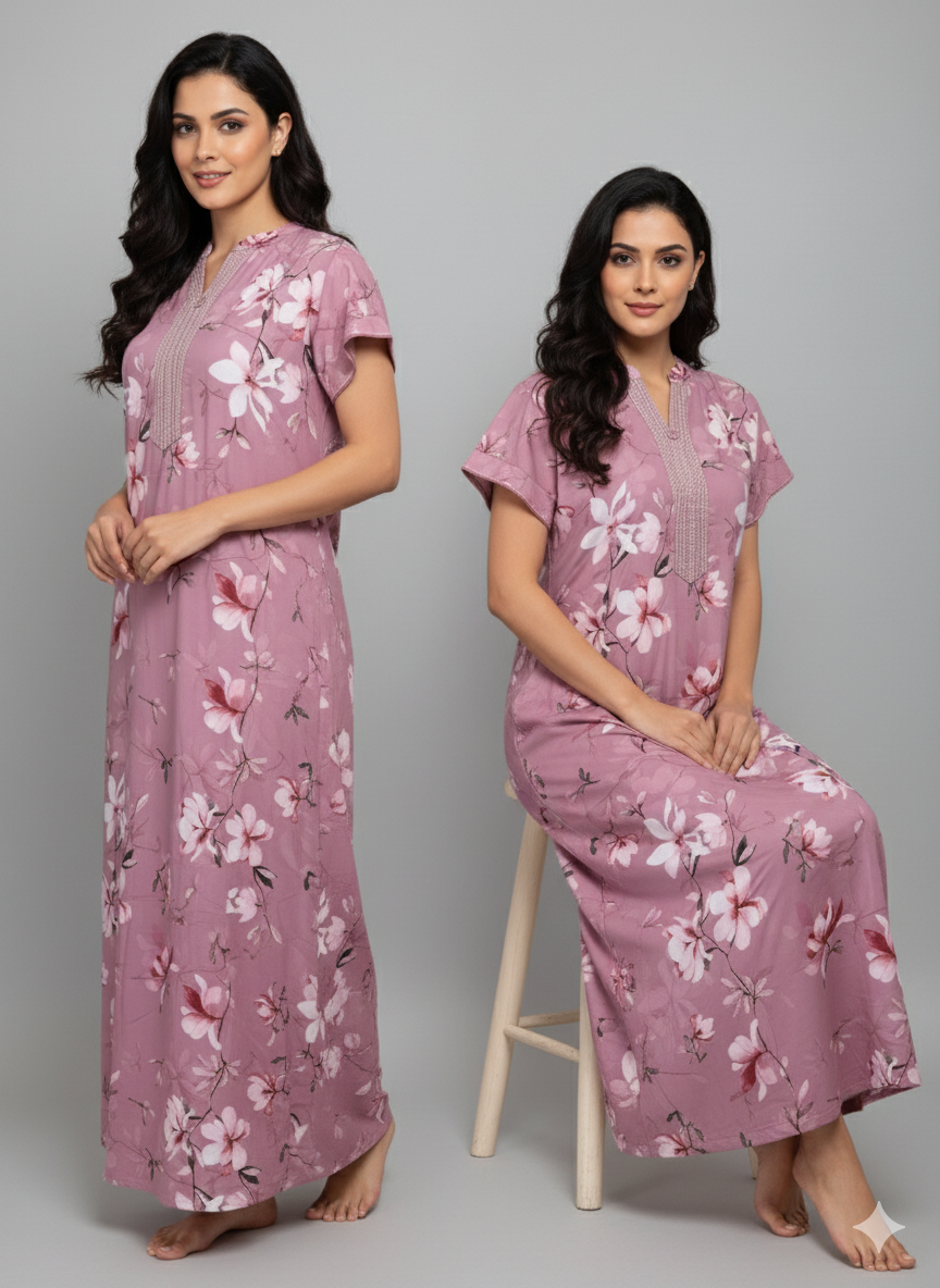 Dusty Rose Rayon Designer Nighty for Women with Floral Print