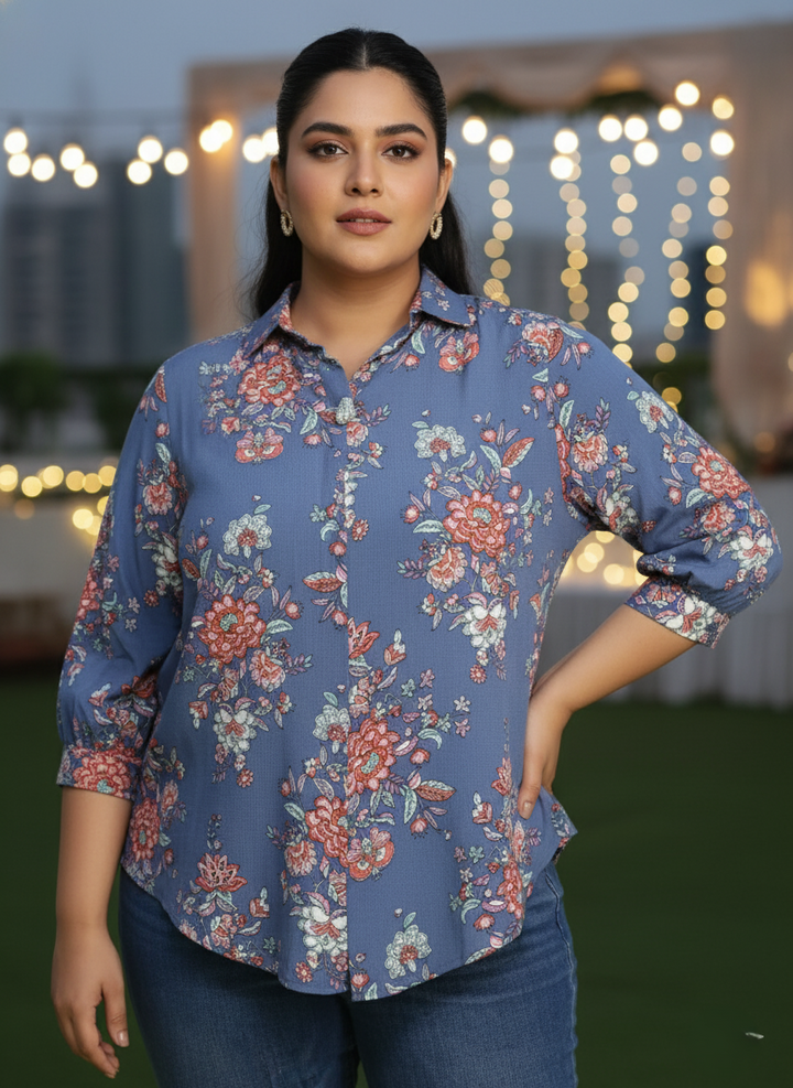 Denim Blue Premium Viscose Hi-Lo Plus Size Top with Collar Neck