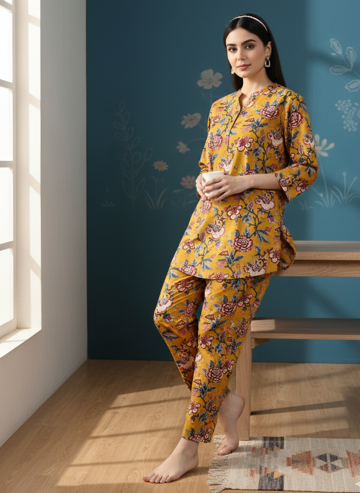 Mustard Yellow Floral Cotton Pyjama Set for Women