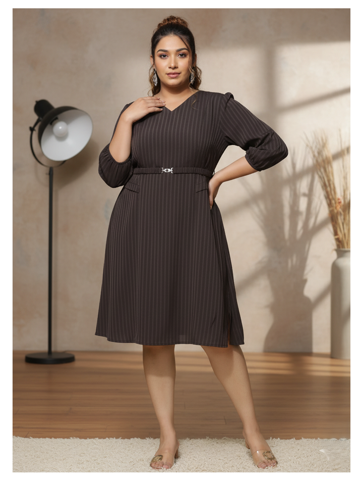 Plus Size V Neck Polyester Dress for Women in Chocolate Color