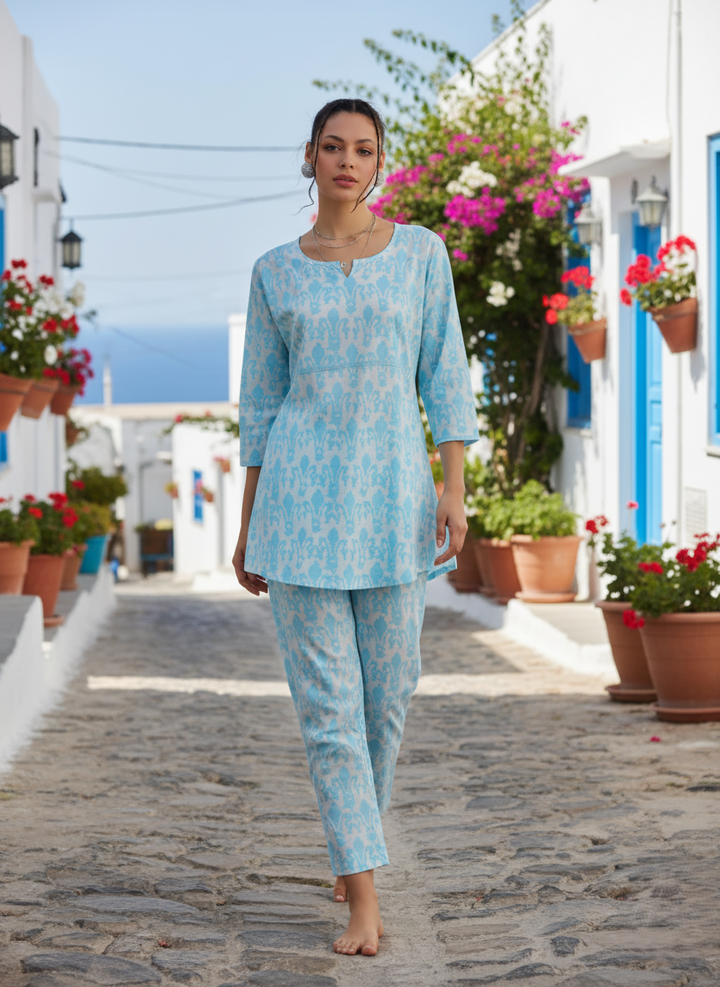 Baby Blue Cotton Pajama Set for Women Relaxed Loungewear Set
