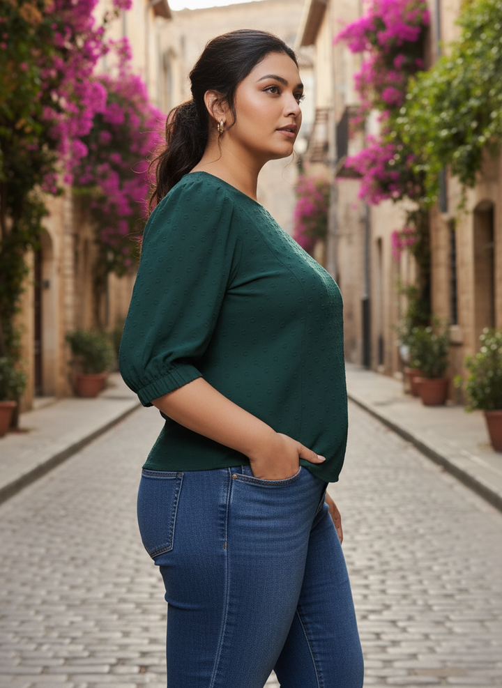 Bottle Green Polyester Blend Plus Size Top with Round Neck