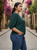 Bottle Green Polyester Blend Plus Size Top with Round Neck