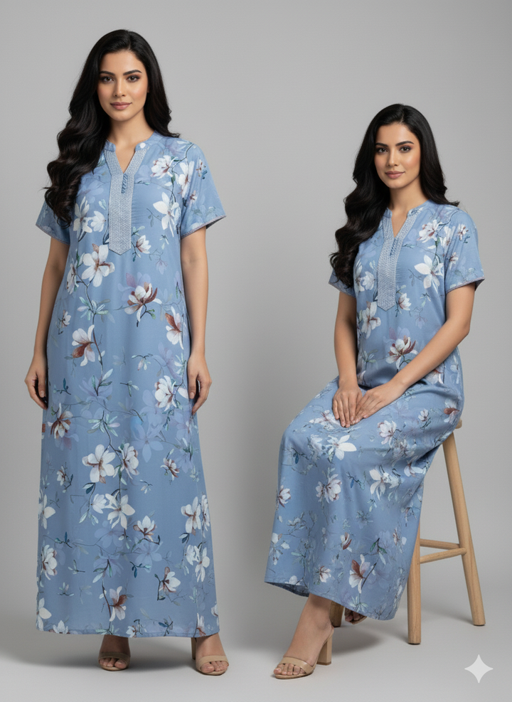 Sky Blue Rayon Designer Nighty for Women with Floral Print