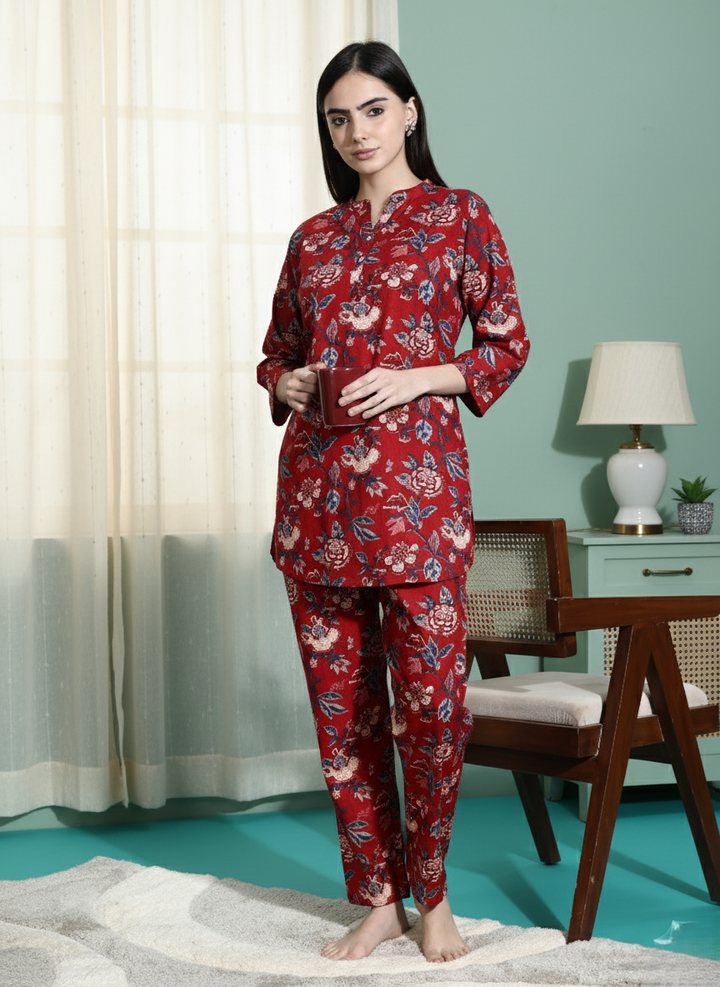 Ruby Red Cotton Floral Pyjama Set for Women