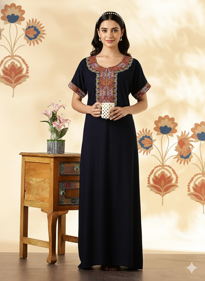 Navy Blue Alpine Embroidered Nighty For Women – Traditional Elegance in Modern Form