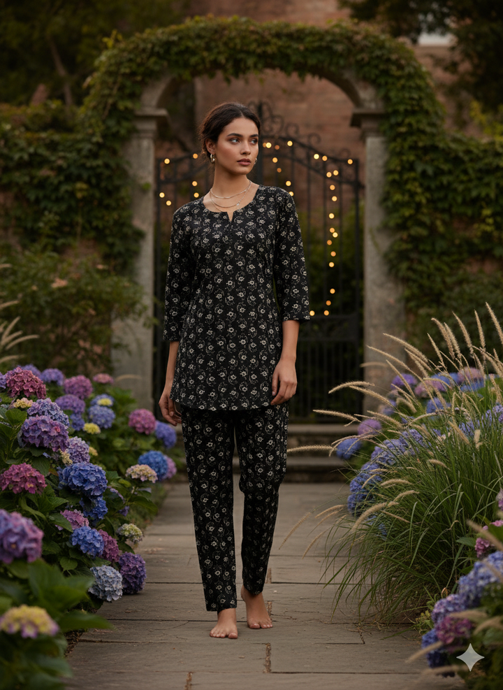 Nature Black Pure Cotton Pyjama Set for Women Comfortable Nightwear