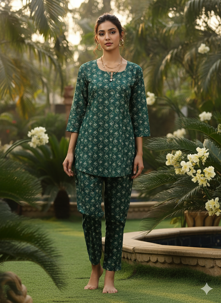 Pine Green Cotton Pyjama Set for Women Cozy and Breathable Sleepwear