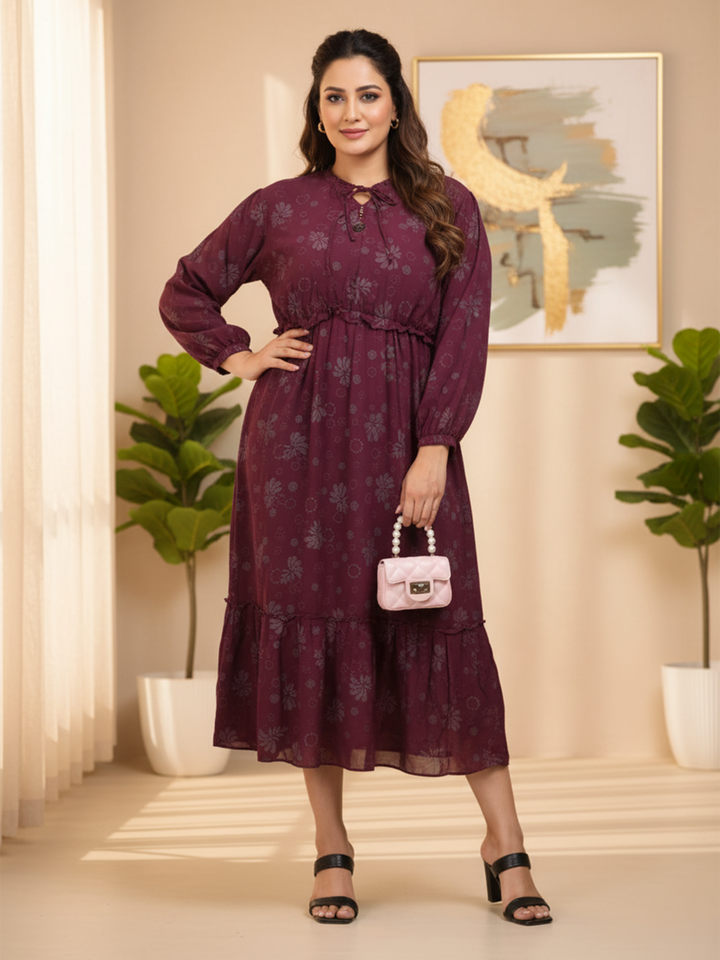 Polyester Floral Printed Plus Size Party Wear Dress – Wine