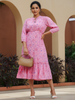 Premium Fancy Neck Baby Pink Polyester Floral Printed Plus Size Dress