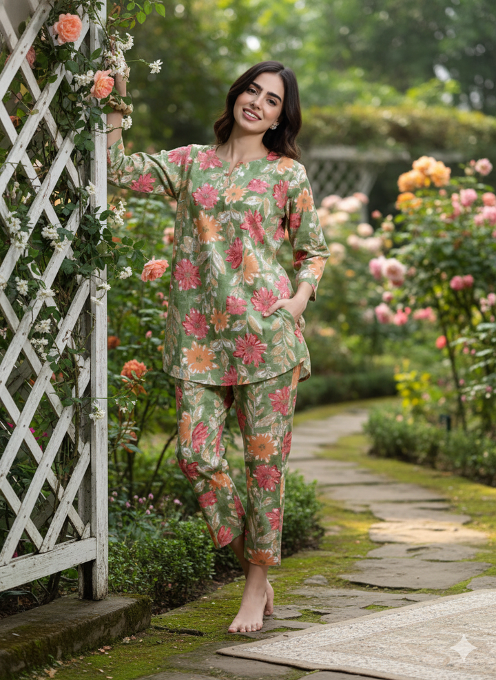 Green Orange Cotton Pajama Set for Women Where Comfort Meets Elegance