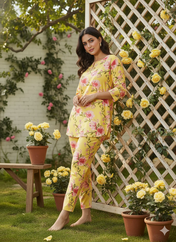 Yellow Floral Cotton Top & Pajama Set For Women