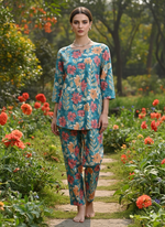 Teal Blue Printed Cotton Pajama Set for Women Cozy Nightwear