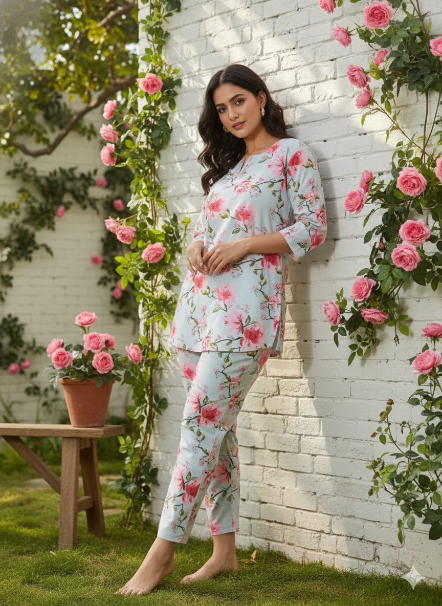 Light Mint Printed Cotton Pyjama Set