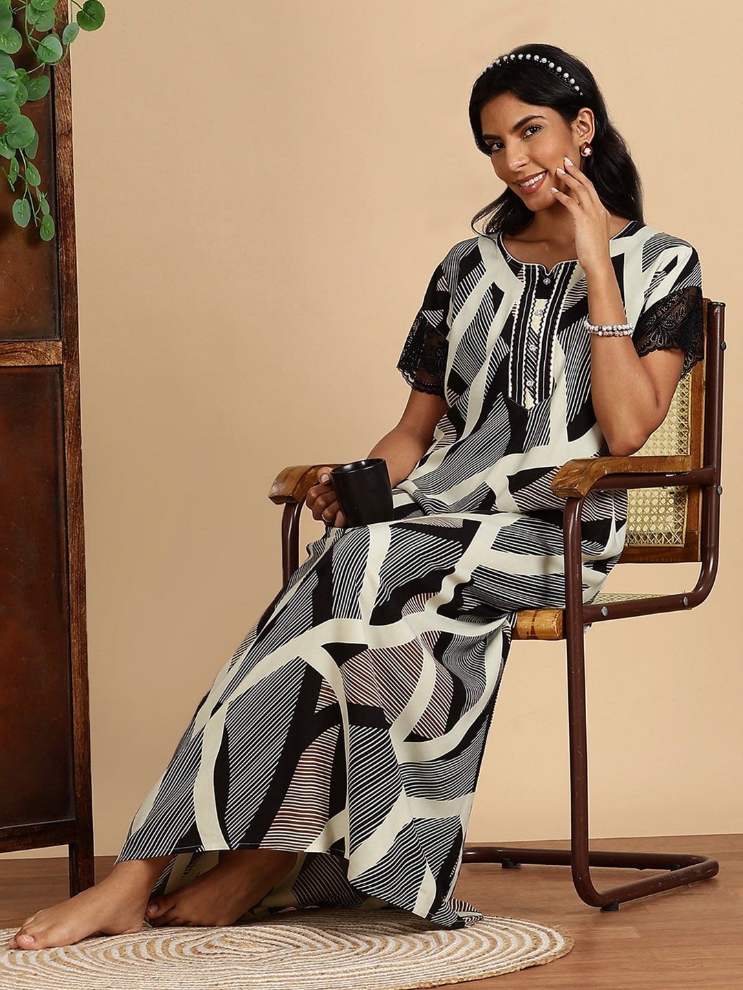 Geometric Print Rayon Nighty For Women with Lace Sleeves