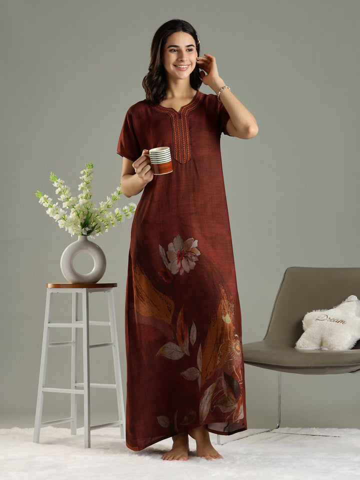 Alpine Fabric Golden Brown Floral Print Ladies Nighty Dress