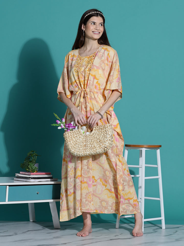 Golden Yellow Cotton Kaftan Nighty for Women